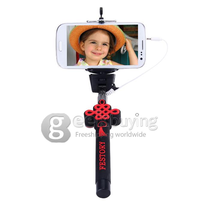 Universal Chinese Knot Style Wired Selfie Stick Extendable Monopod with 3.5mm Jack Cable For iPhone IOS Android - Black