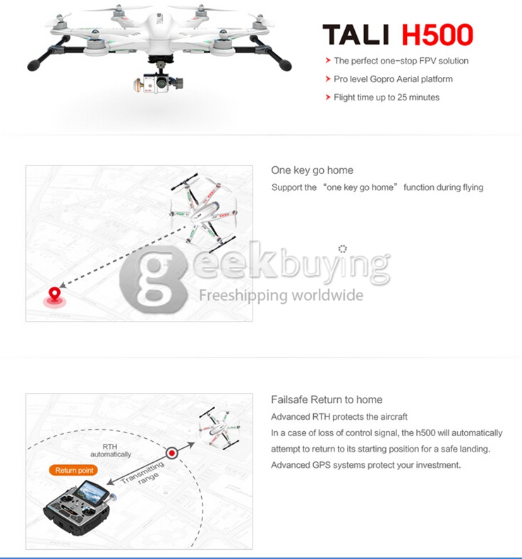 Walkera TALI H500 RC Hexacopter Brushless 13MP iLook HD Camera One Key Go Home GPS Aircraft with Gopro Aerial Platform - Black