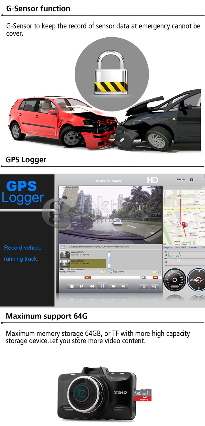 Blackview GS98C Ambarella A7LA70 2.7inch LCD Full HD Car DVR 2304*1296P 30fpc 178 Wide Angles Video Recorder with G-Sensor GPS - Black