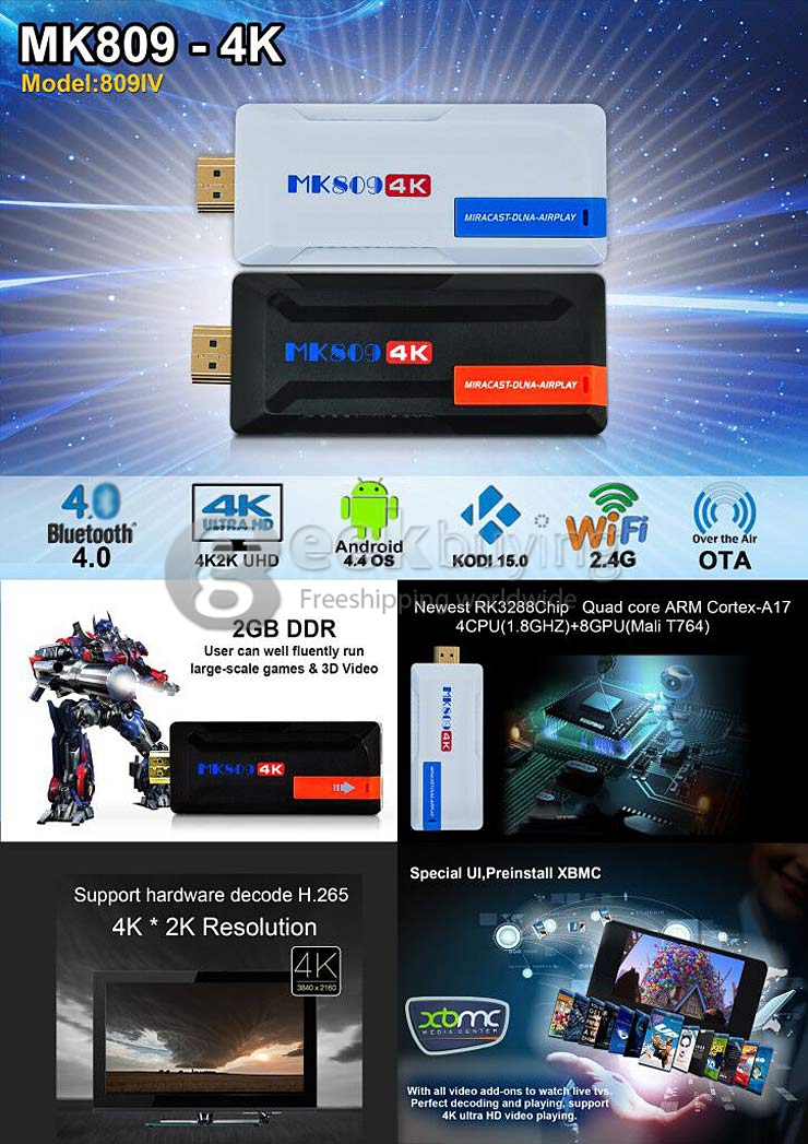 MK809 4K TV Stick Dongle RK3288 2G RAM 8G ROM H.265 Android 4.4 WIFI Bluetooth 4.0 DLNA Wimo - White