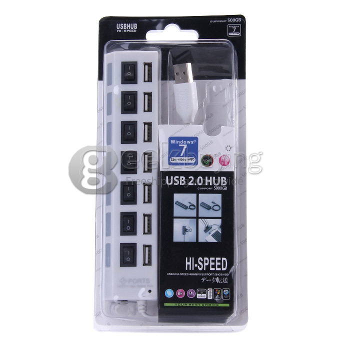 High Speed 7 Ports Expanded USB 2.0 Hub with On/Off Switch for Laptop Notebook Computer