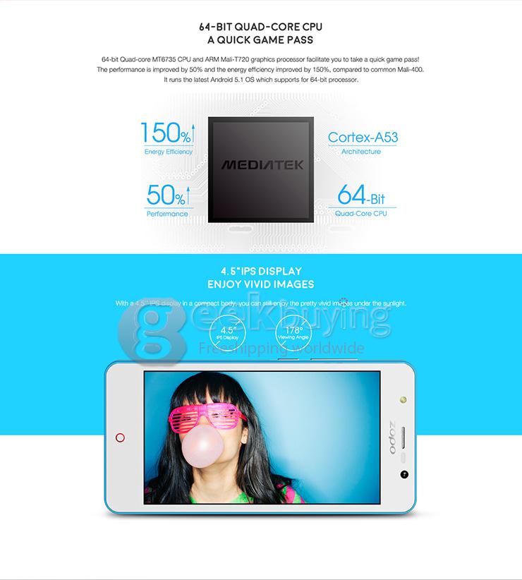 ZOPO ZP330 4.5inch 4G LTE Android 5.1 Smartphone 64bit MTK6735 Quad Core 1.0Ghz 1GB RAM 8GB ROM Miracast - Black