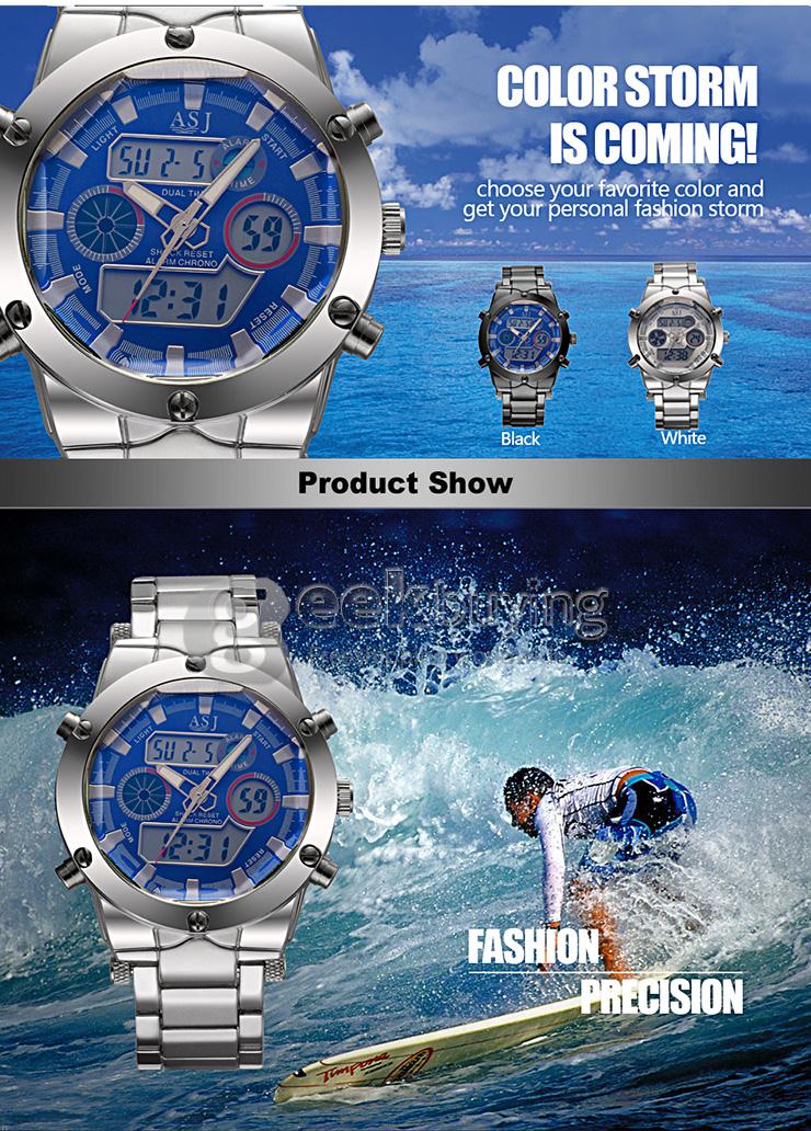 YR WH425 ASJ Fashion Electronic Men Quartz Watch With Dual Time Display Steel Strap - Blue + Silver