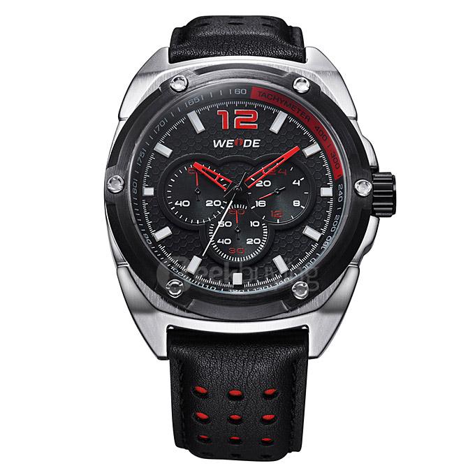 WEIDE WH3306 Fashion Men Quartz Sports Watch Multi Movements Leather Strap - Red