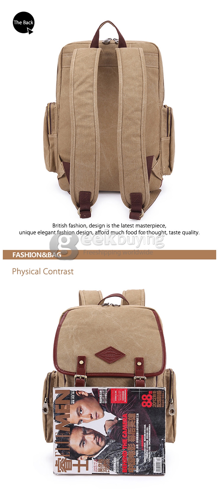 Kaukko ZP19 Simple College Wind Canvas Backpack Universal Bag - Apricot