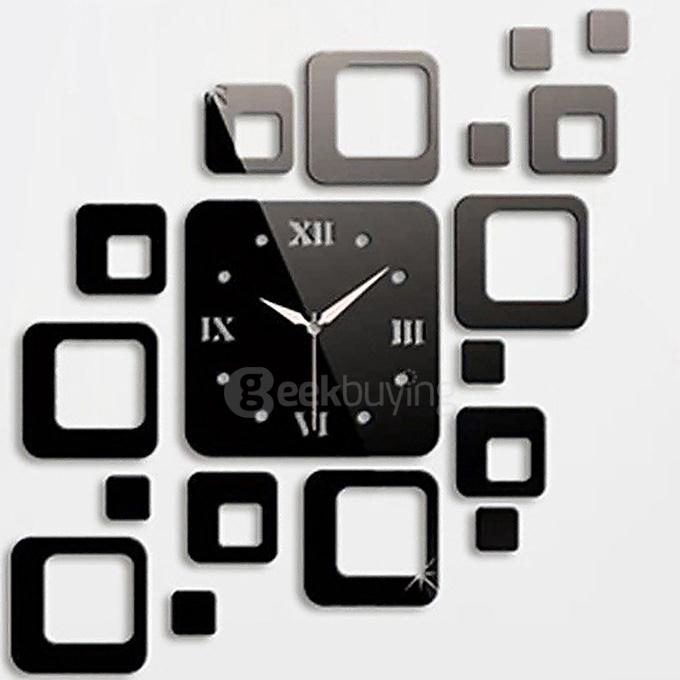 Squares Luxury Wall Art DIY Clock Mirror Stickers for Home Decoration - Black