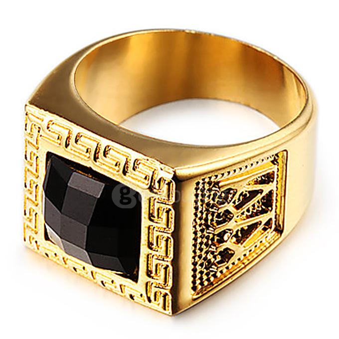 Fashion Square Ring Tray 18K Gold Plated Stainless Steel Men Ring Size 8 - Gold + Black