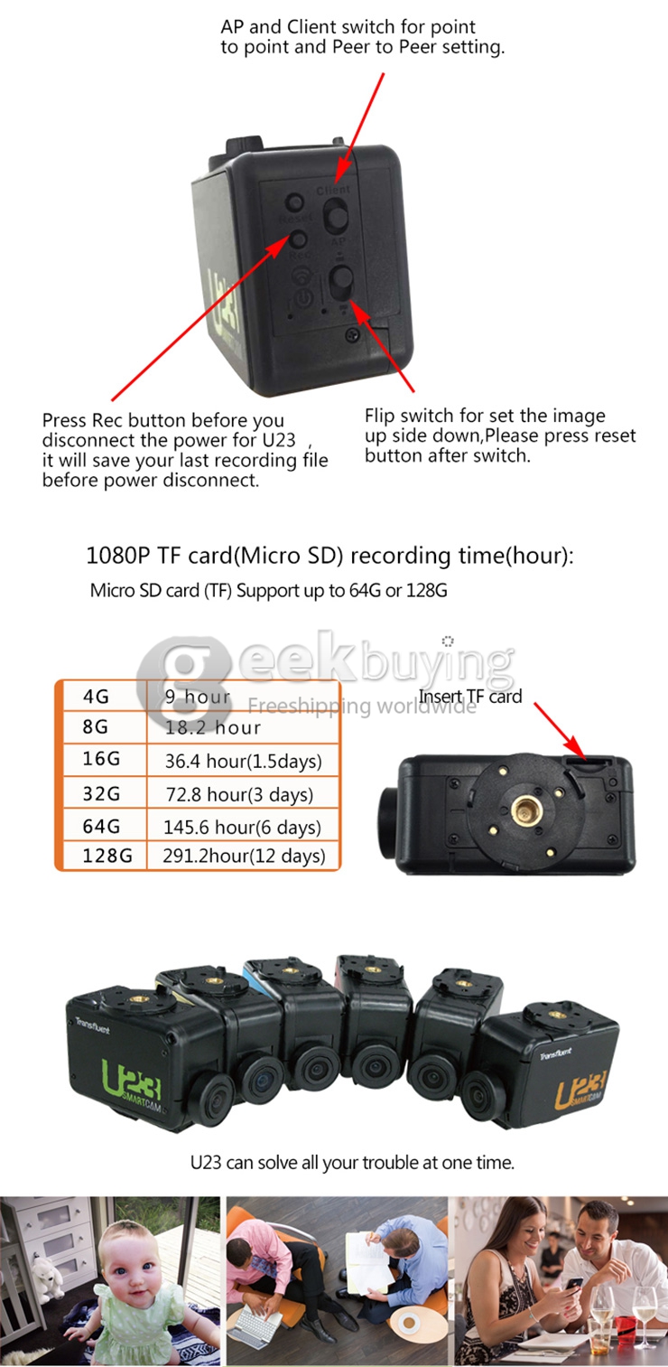 Transfluent U23 Home Security Wifi Remote Control / Phone Control Mini Camera Lamp Holder Powerded MR16 Interface - Black