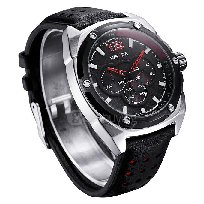 WEIDE WH3306 Fashion Men Quartz Sports Watch Multi Movements Leather Strap - Red
