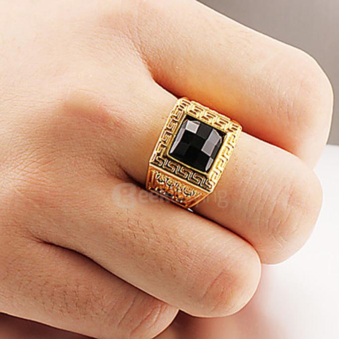 Fashion Square Ring Tray 18K Gold Plated Stainless Steel Men Ring Size 8 - Gold + Black