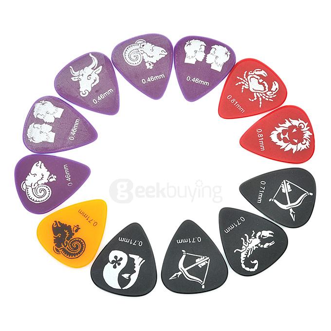 12Pcs/Set AP-12C Constellation Design Plastic Guitar Picks 0.46/0.71/0.81mm Thickness - Multi Colors
