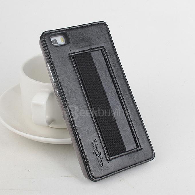 Protective Hard Cover Flip Stand Leather Case with Elastic Band for HUAWEI P8 Lite Smartphone - Black