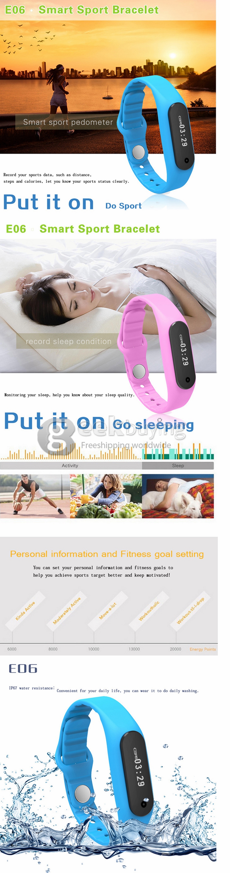 E06 OLED Smart Wrist Band IP67 Bluetooth 4.0 Wearable Bracelet Fitness Activity Tracker Pedometer - Blue