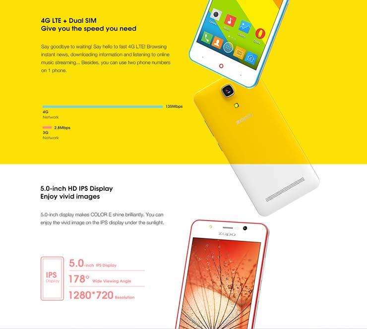 ZOPO ZP350 5.0inch 4G LTE Android 5.1 Smartphone 1GB RAM 8GB ROM 64bit MTK6735 Quad Core 1.0Ghz Miracast - Black