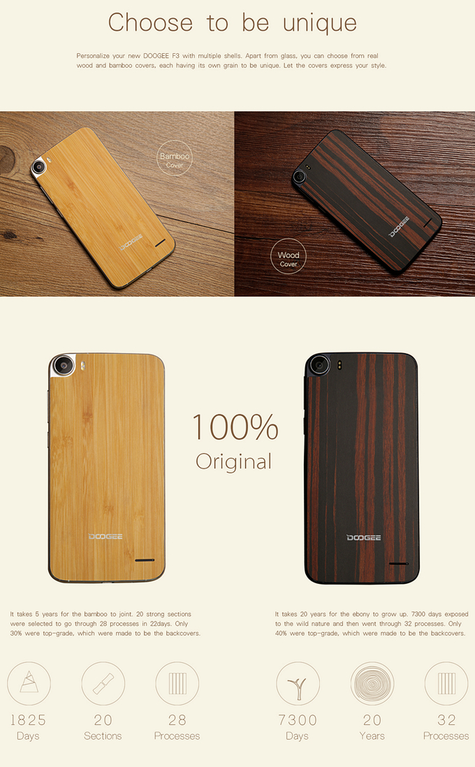 DOOGEE F3 Pro 4G 5.0Inch FHD Android 5.1 3GB 16GB Smartphone 64bit MTK6753 Octa Core Wood Shell 2.5D Corning Gorilla Glass - Bamboo