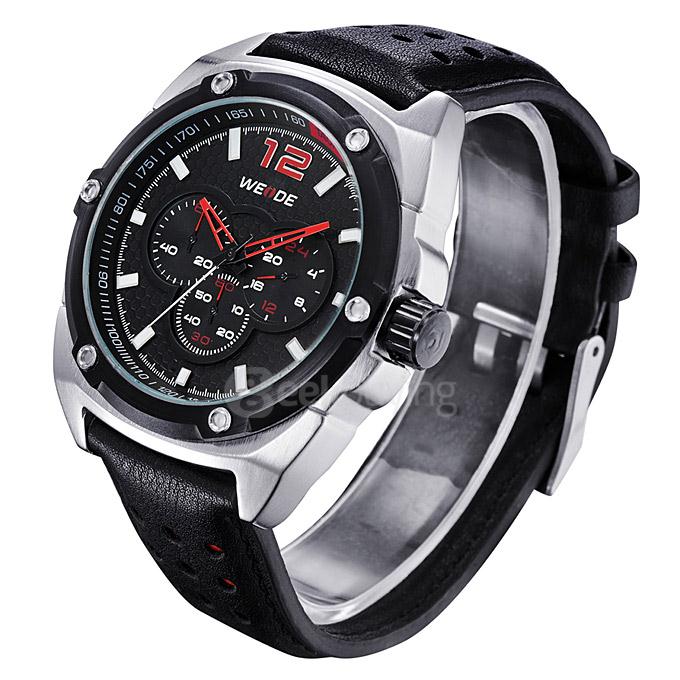 WEIDE WH3306 Fashion Men Quartz Sports Watch Multi Movements Leather Strap - Red