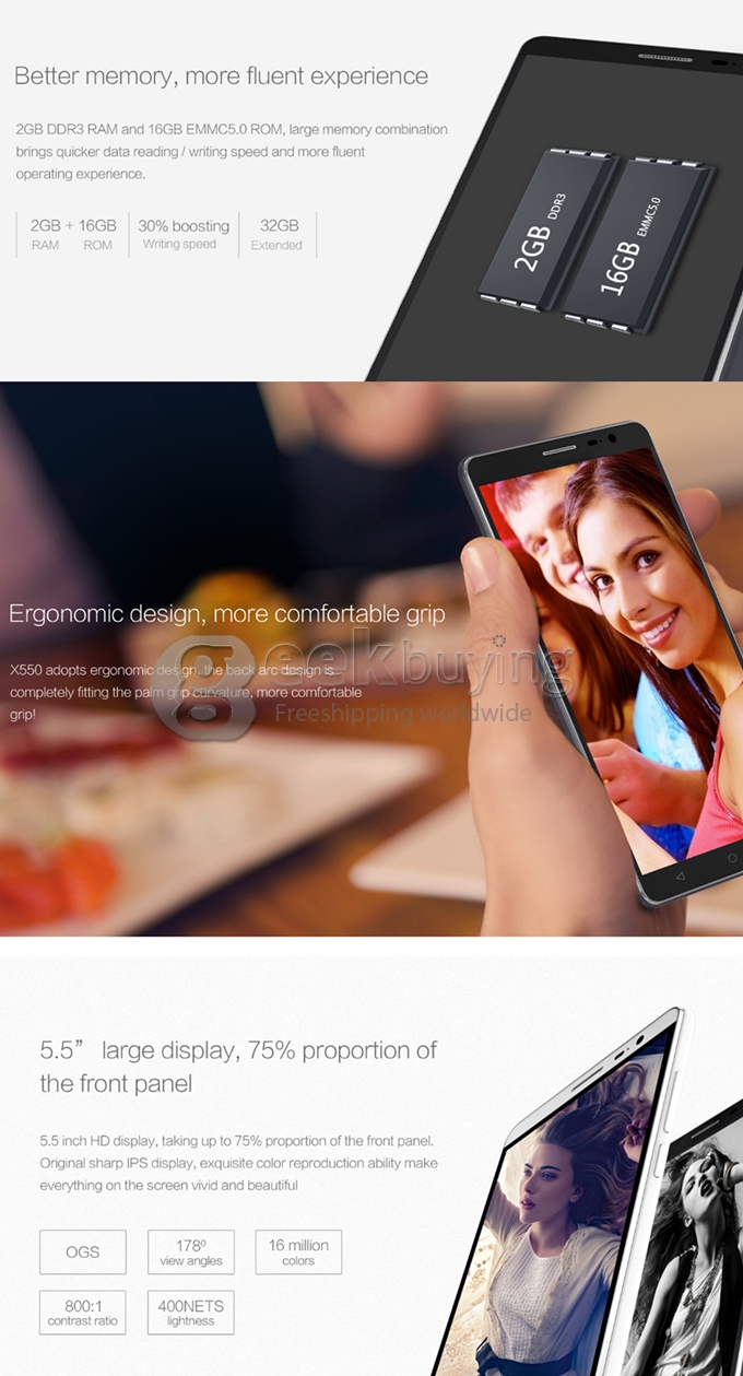 BLUBOO X550 5.5inch 4G FDD-LTE 5300mAh Android 5.1 Smartphone MTK6735 Quad Core 2GB 16GB IPS HD HotKnot Smartwake - Black
