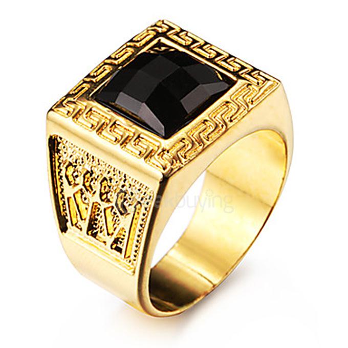 Fashion Square Ring Tray 18K Gold Plated Stainless Steel Men Ring Size 8 - Gold + Black