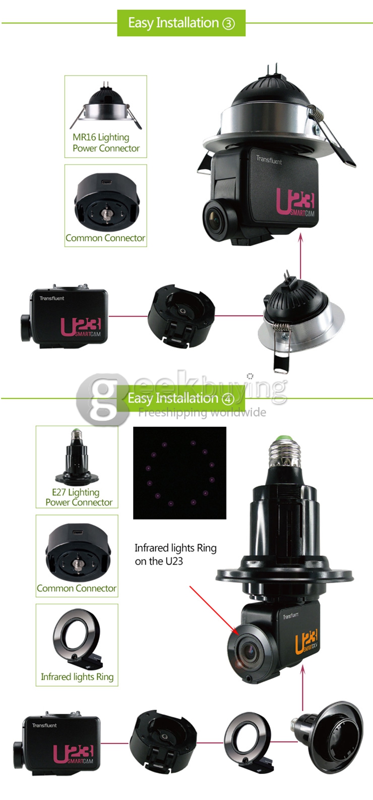 Transfluent U23 Home Security Wifi Remote Control / Phone Control Mini Camera Lamp Holder Powerded E27 Interface - Black