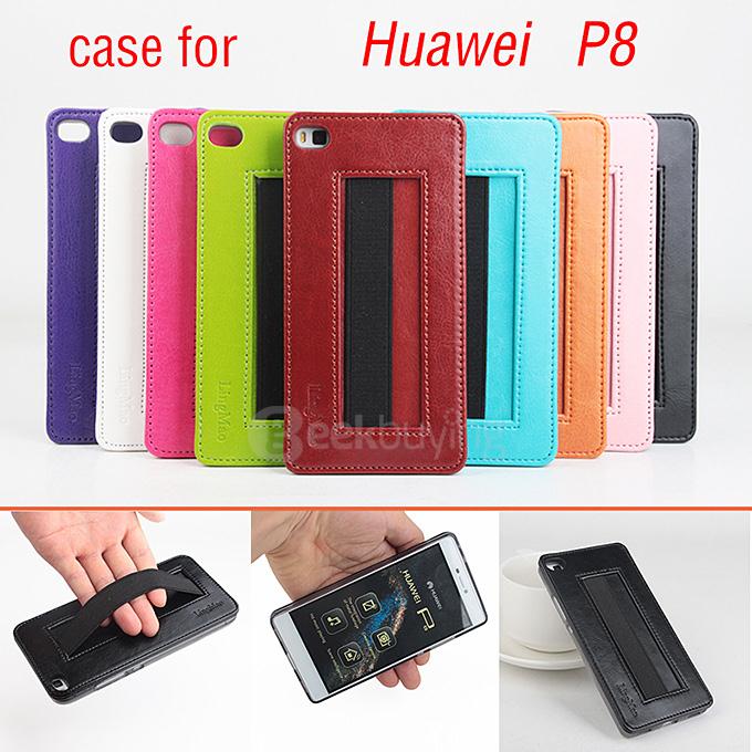 Protective Hard Cover Flip Stand Leather Case with Elastic Band for HUAWEI P8 - Black