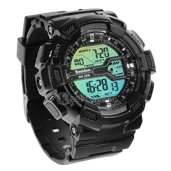 BD5517G Fashion Men LED Backlight Electronic Sports Watch with Digital Time Date Display - Black