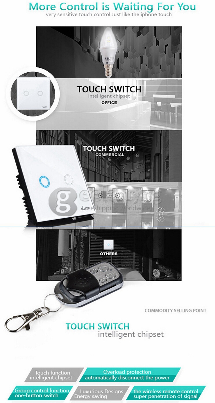 Funry Y8 Home Touch Switch Double Remote Control Intelligent Control Switch With Overload Protection - EU