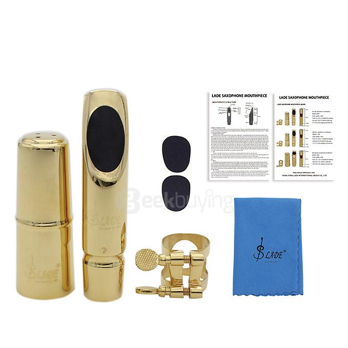 LADE Alto Saxophone Metal Mouthpiece + 2 Pcs Mouthpiece Cushions #7 - Golden + Black