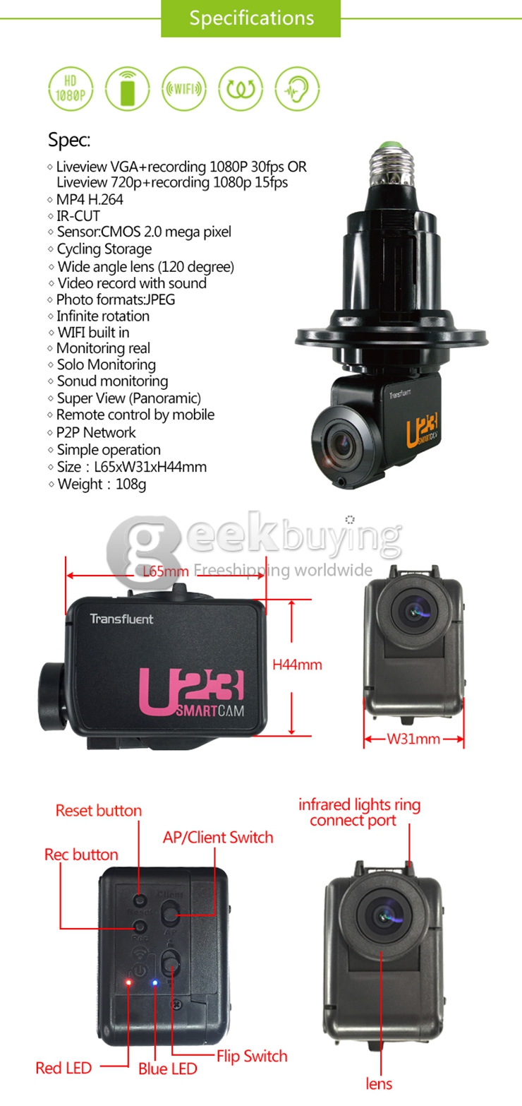 Transfluent U23 Home Security Wifi Remote Control / Phone Control Mini Camera Lamp Holder Powerded E27 Interface - Black