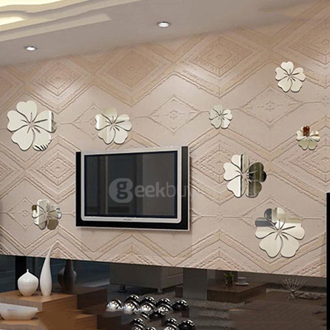 5 Pcs Fashion Flower Mirror Art DIY Wall Sticker Home Decal Decor - Silver