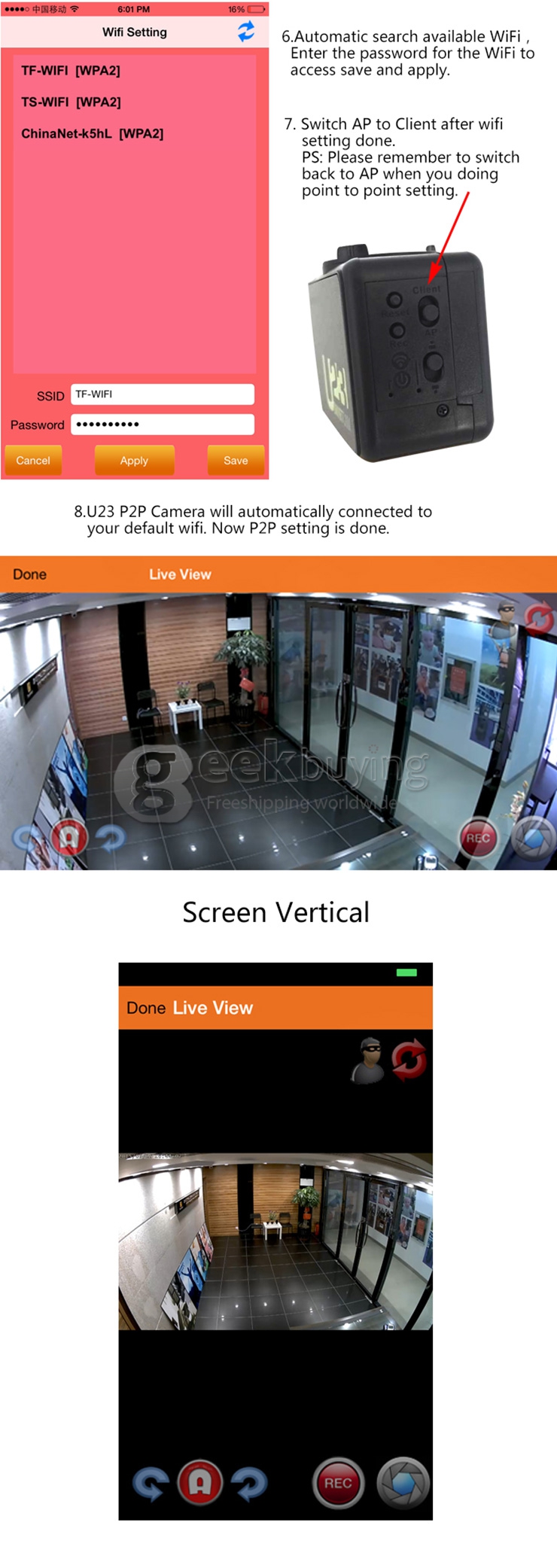 Transfluent U23 Home Security Wifi Remote Control / Phone Control Mini Camera Lamp Holder Powerded MR16 Interface - Black