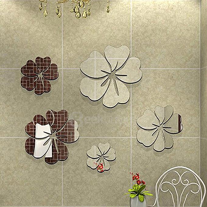 5 Pcs Fashion Flower Mirror Art DIY Wall Sticker Home Decal Decor - Silver