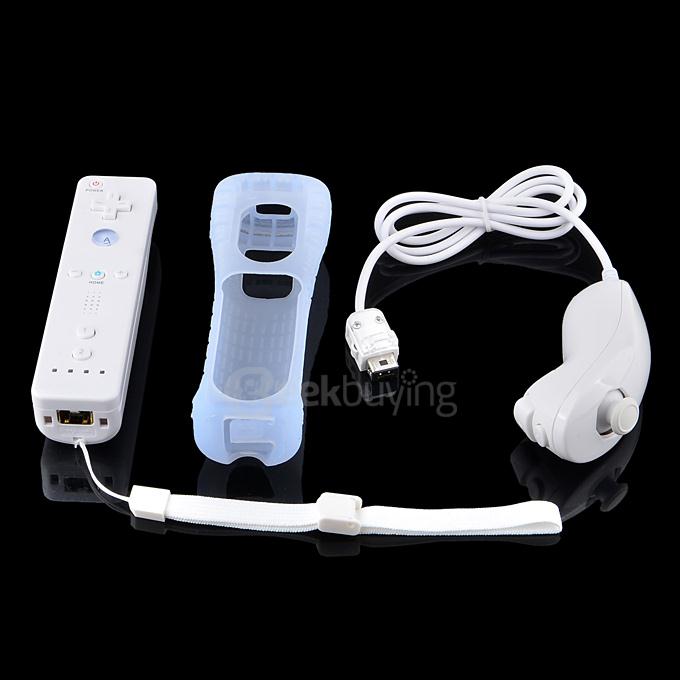 Remote Controller Nunchuck Set With Silicone Sleeve & Strap for Wii - White (2 x AA)