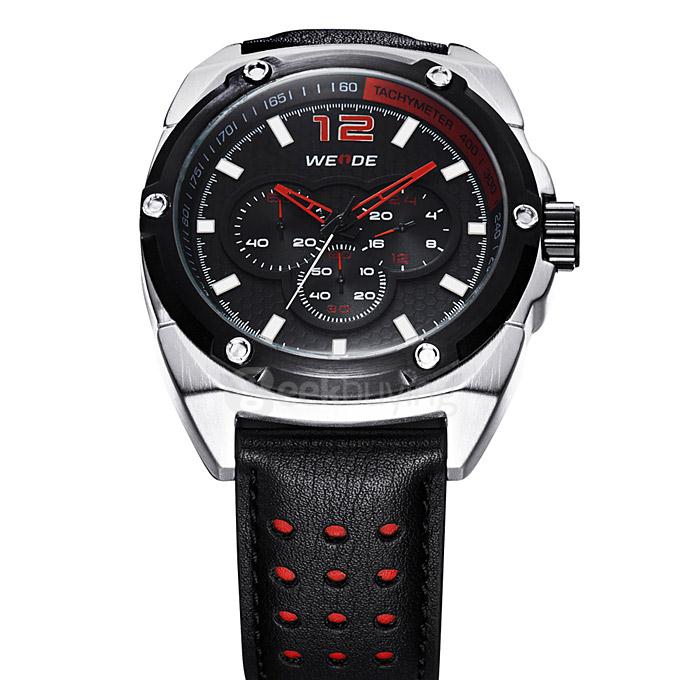 WEIDE WH3306 Fashion Men Quartz Sports Watch Multi Movements Leather Strap - Red