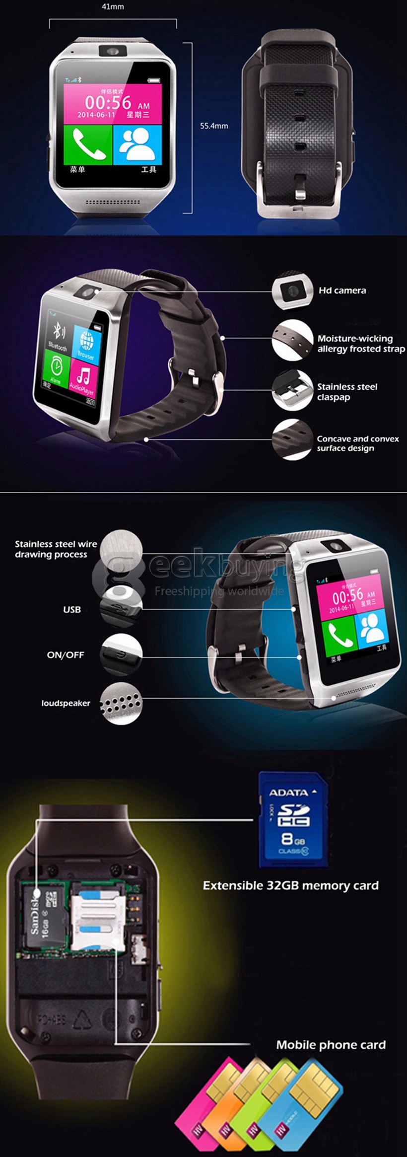 GV08 Sports Smart Watch Phone Wrist Watch With Touch Screen GSM SIM Slot Pedometer Sleep Monitor Sync Function Anti-lost - Orange