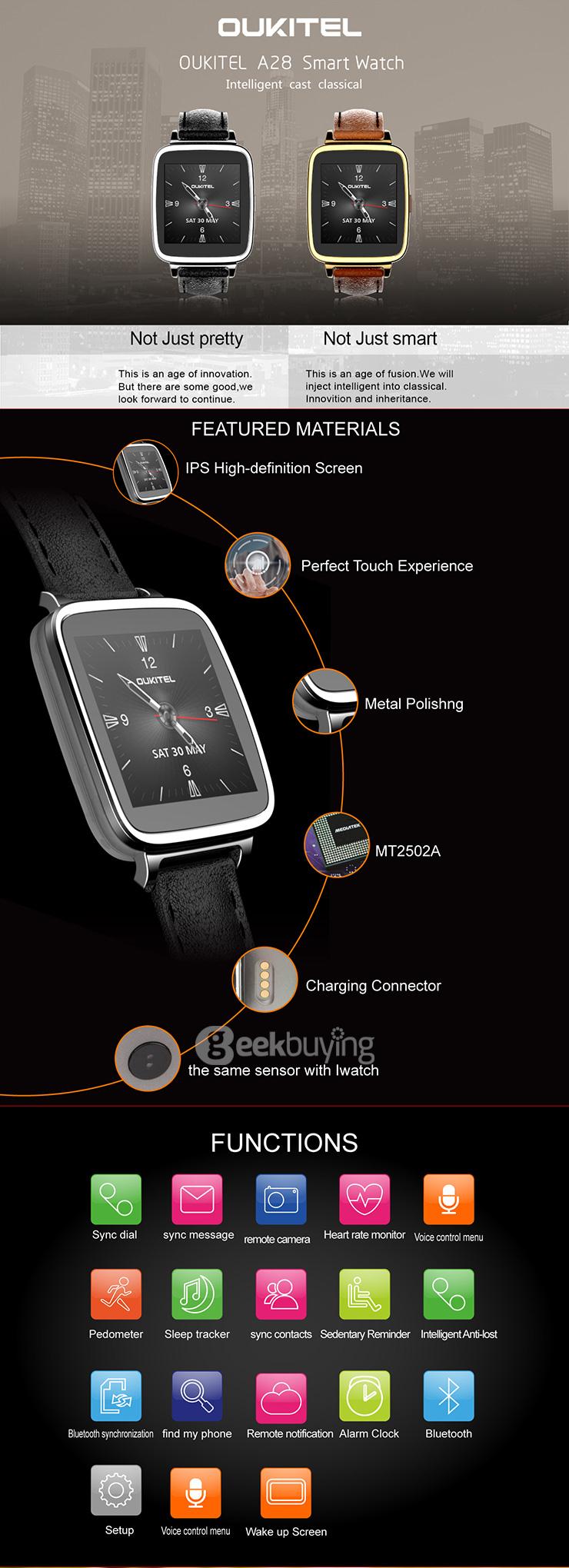 OUKITEL A28 1.54' Bluetooth Smart Watch MT2502A BT4.0 With Genuine Leather Strap For iOS Android - Golden