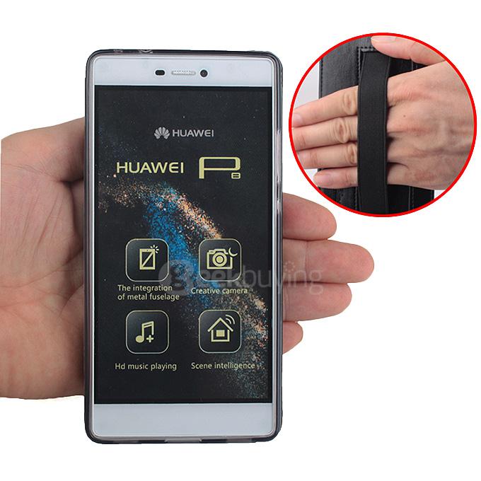 Protective Hard Cover Flip Stand Leather Case with Elastic Band for HUAWEI P8 - Black