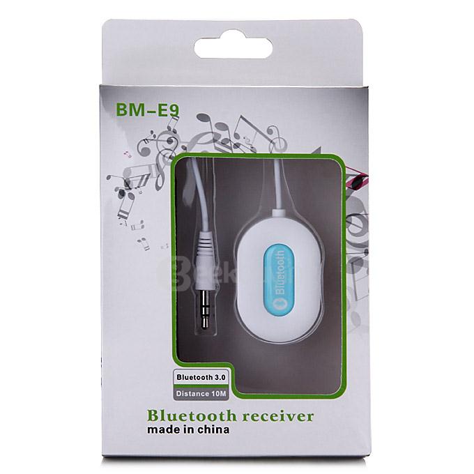 BM-E9 Bluetooth Stereo Audio Receiver Hi-Fi A2DP BM-E9 BT3.0 AUX Car Kit With 3.5MM Adapter/ Built-in Battery - White
