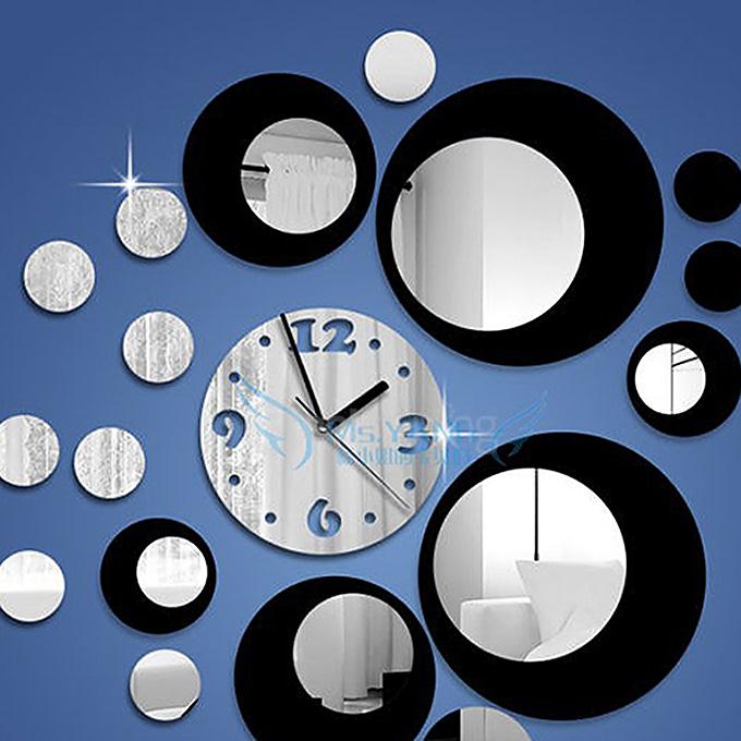 DIY Removable Wall Sticker Clock Mirror Style DIY Art Decal Mural for Home Decor - Black Silver