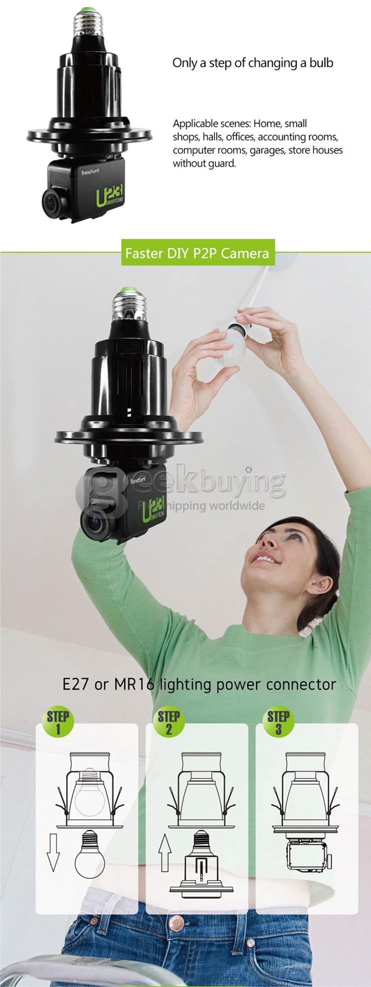 Transfluent U23 Home Security Wifi Remote Control / Phone Control Mini Camera Lamp Holder Powerded MR16 Interface - Black