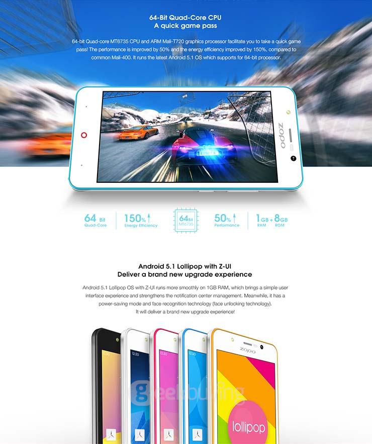 ZOPO ZP350 5.0inch 4G LTE Android 5.1 Smartphone 1GB RAM 8GB ROM 64bit MTK6735 Quad Core 1.0Ghz Miracast - Black
