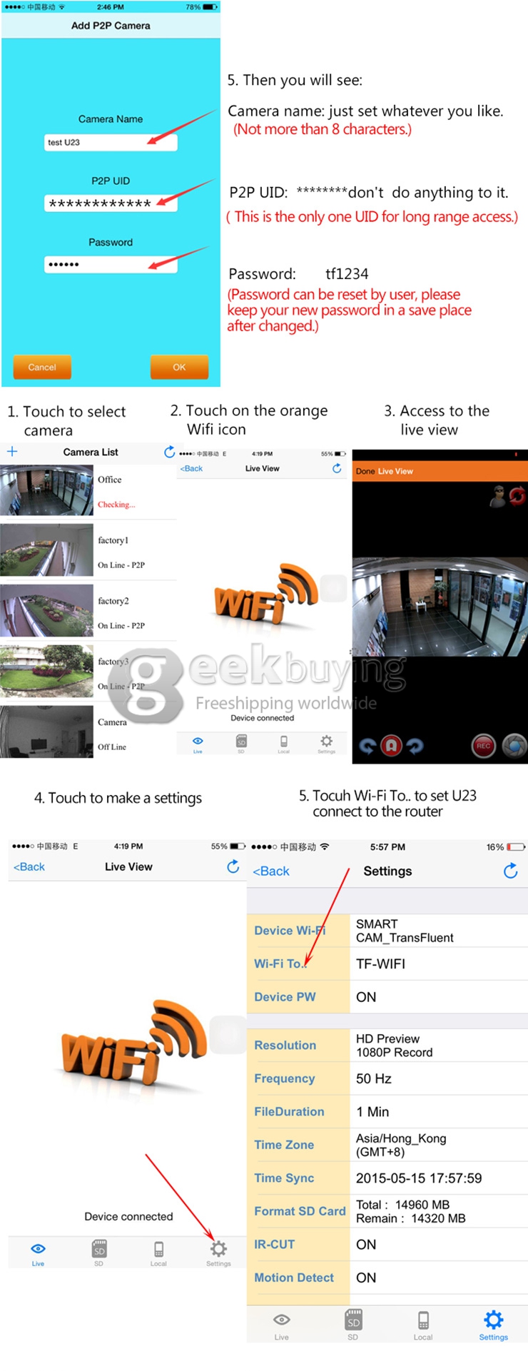 Transfluent U23 Home Security Wifi Remote Control / Phone Control Mini Camera Lamp Holder Powerded E27 Interface - Black
