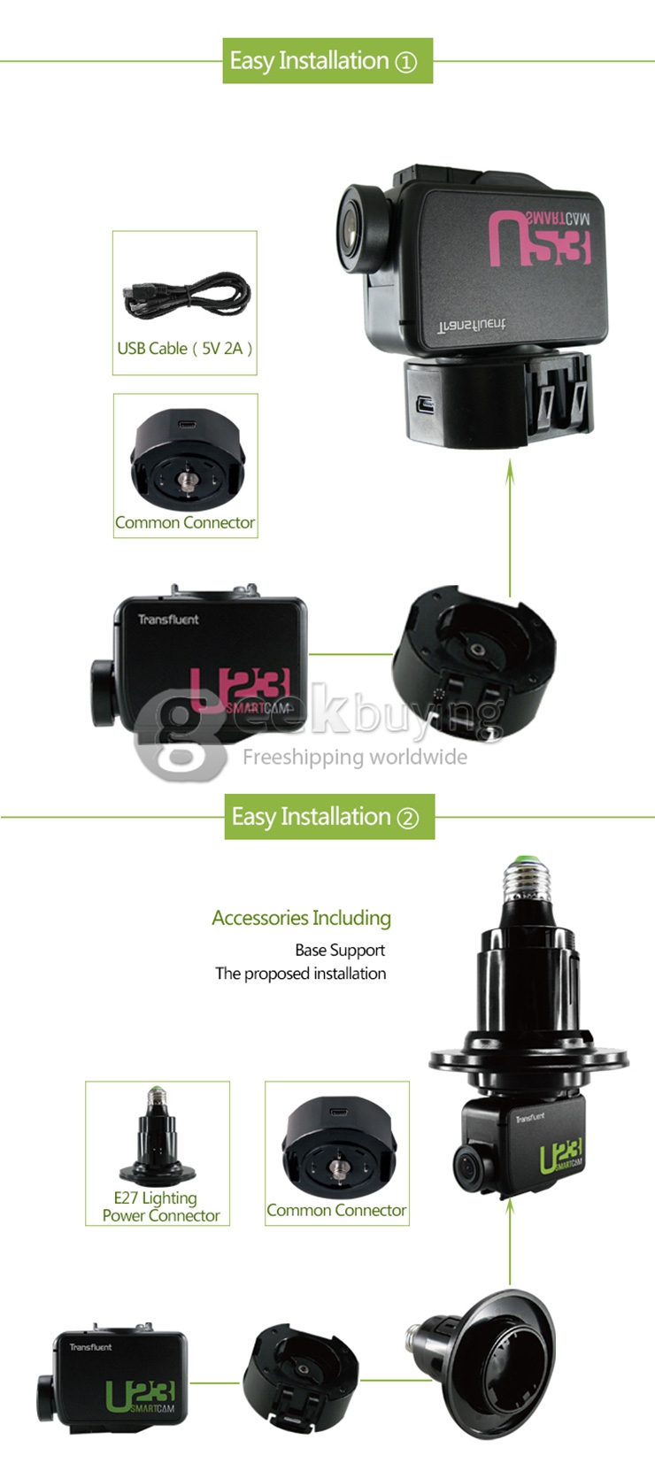 Transfluent U23 Home Security Wifi Remote Control / Phone Control Mini Camera Lamp Holder Powerded MR16 Interface - Black