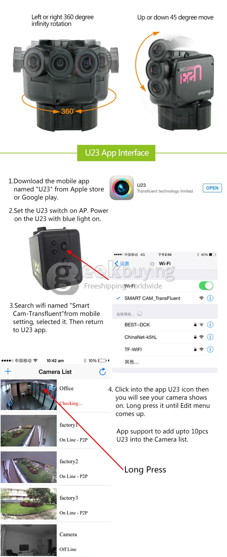 Transfluent U23 Home Security Wifi Remote Control / Phone Control Mini Camera Lamp Holder Powerded E27 Interface - Black