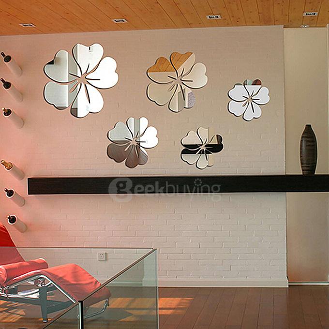 5 Pcs Fashion Flower Mirror Art DIY Wall Sticker Home Decal Decor - Silver
