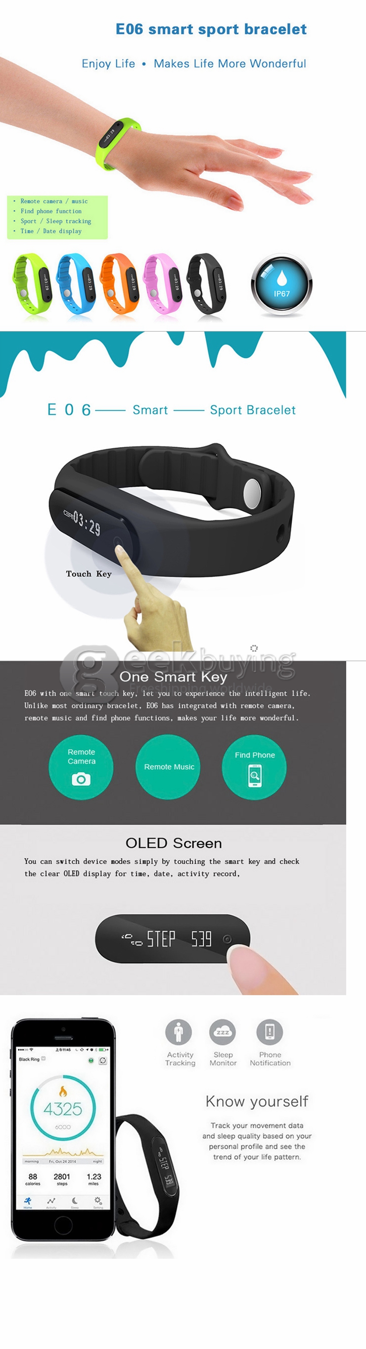E06 OLED Smart Wrist Band IP67 Bluetooth 4.0 Wearable Bracelet Fitness Activity Tracker Pedometer - Orange