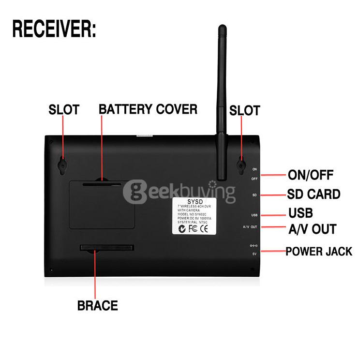 SY602E14 Digital 2.4G 7 Inch Wireless Cameras Audio Video Monitors 4CH DVR Security System With 4 IR Night Light Cameras - Black