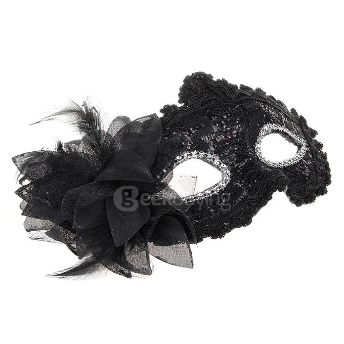Elegant Halloween Masquerades Party Lace Feather Half Face Mask w/ Flower - Black