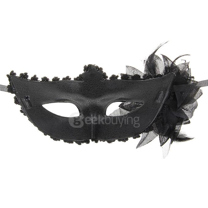 Elegant Halloween Masquerades Party Lace Feather Half Face Mask w/ Flower - Black