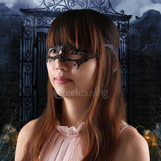 Fashion Elegant Hollow Out Lace Design Halloween Masquerades Party Bat Mask - Black