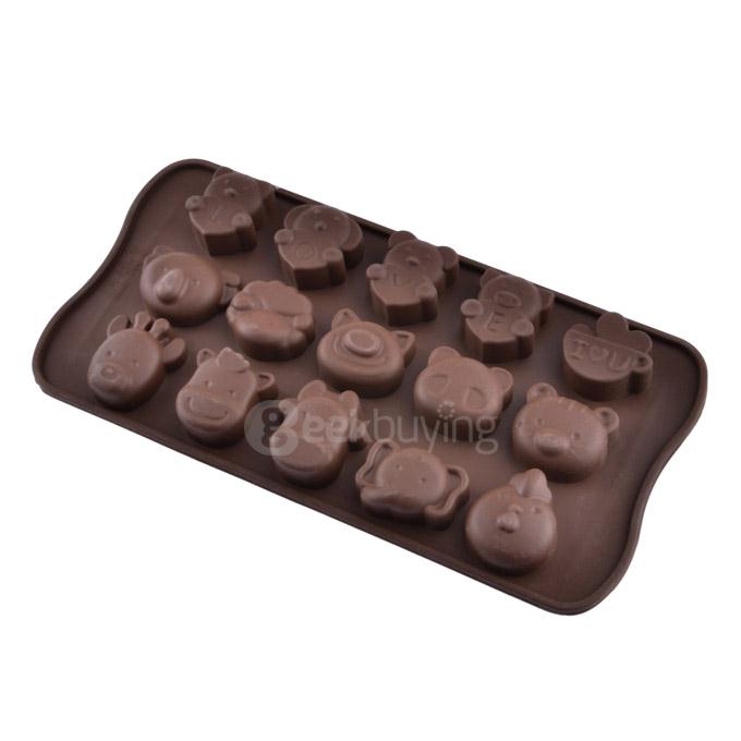 15-Slot Animals Silicone Cake Biscuit Baking Mold Tray Ice Mold Bakeware - Chocolate